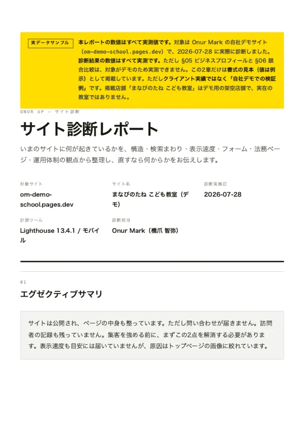 サイト診断レポートのサンプル。表紙、表示速度の測定、優先順位をつけた改善提案の3ページ